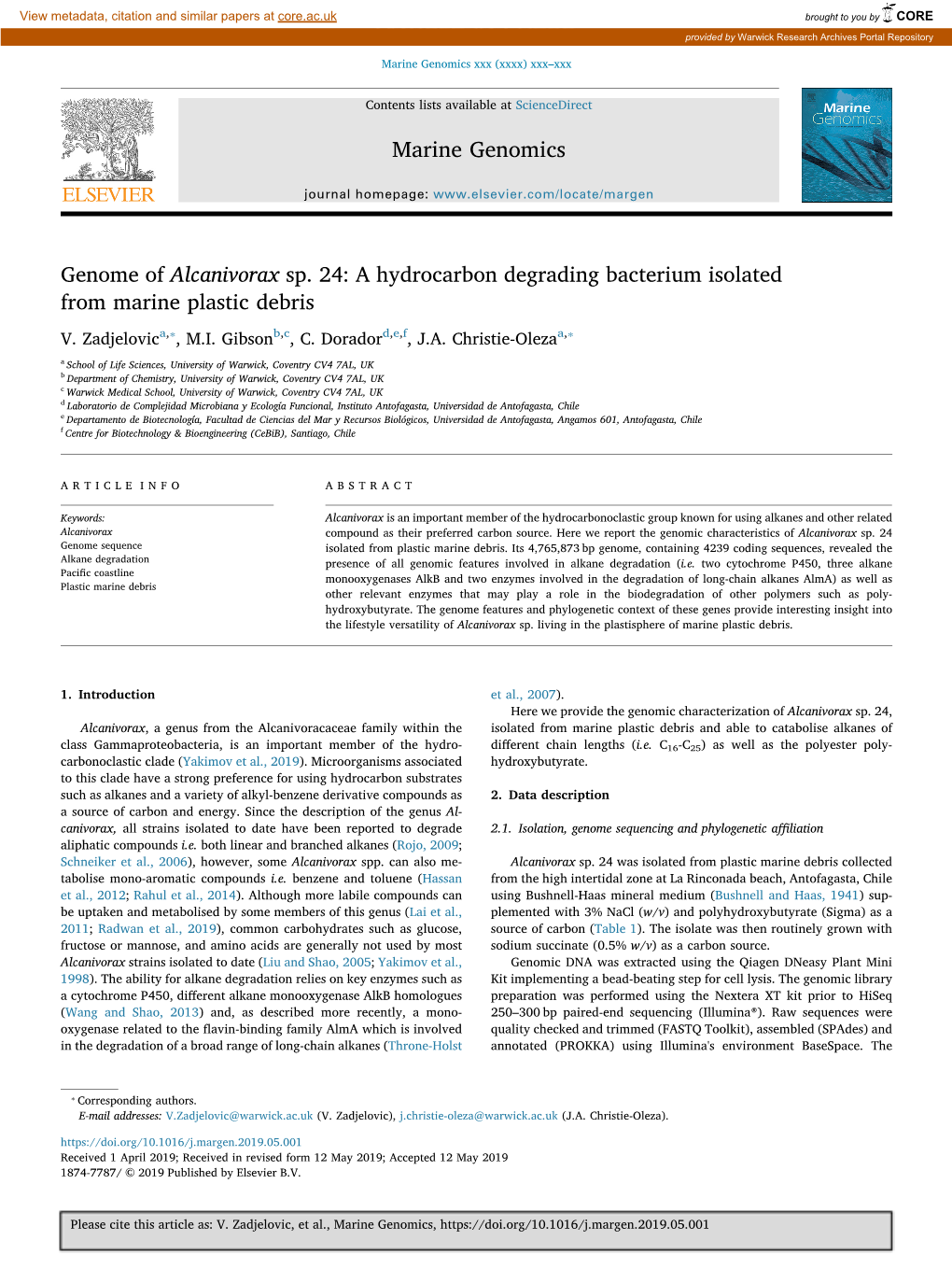 Genome of Alcanivorax Sp. 24 a Hydrocarbon Degrading Bacterium