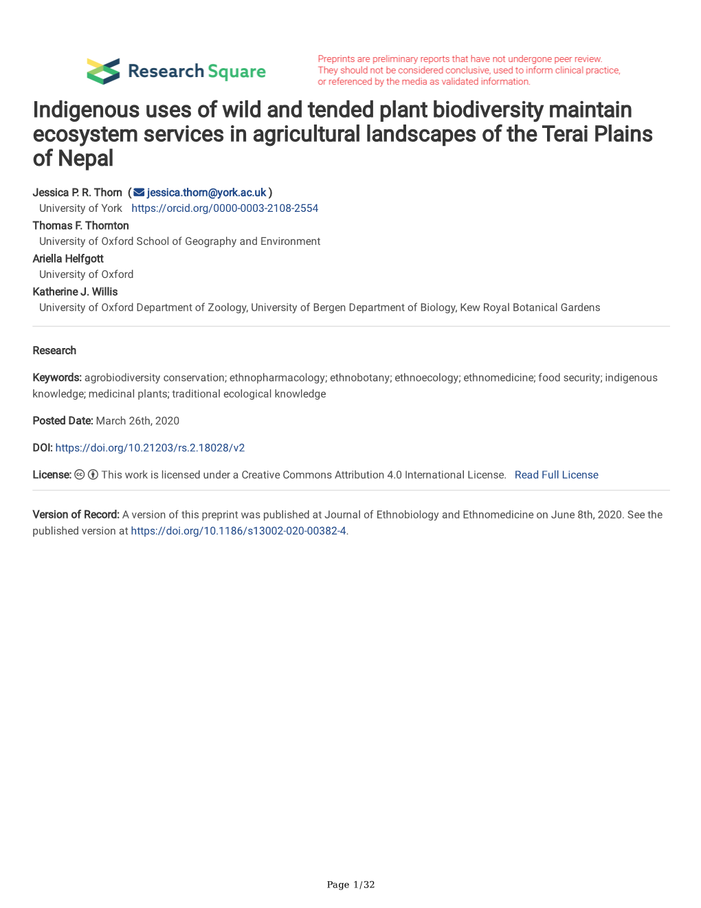 Indigenous Uses of Wild and Tended Plant Biodiversity Maintain Ecosystem Services in Agricultural Landscapes of the Terai Plains of Nepal