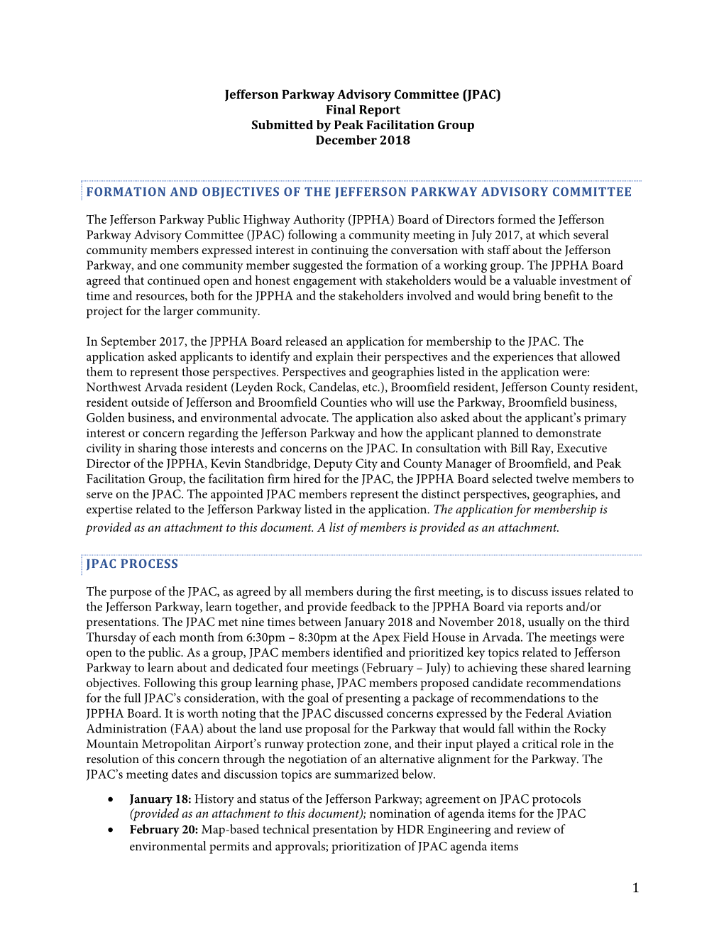 Jefferson Parkway Advisory Committee (JPAC) Final Report Submitted by Peak Facilitation Group December 2018