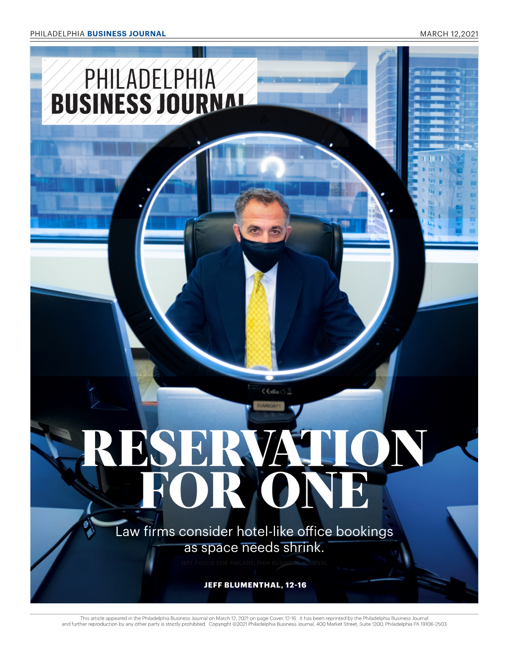 Philadelphia Business Journal Article Reservation for One Featuring