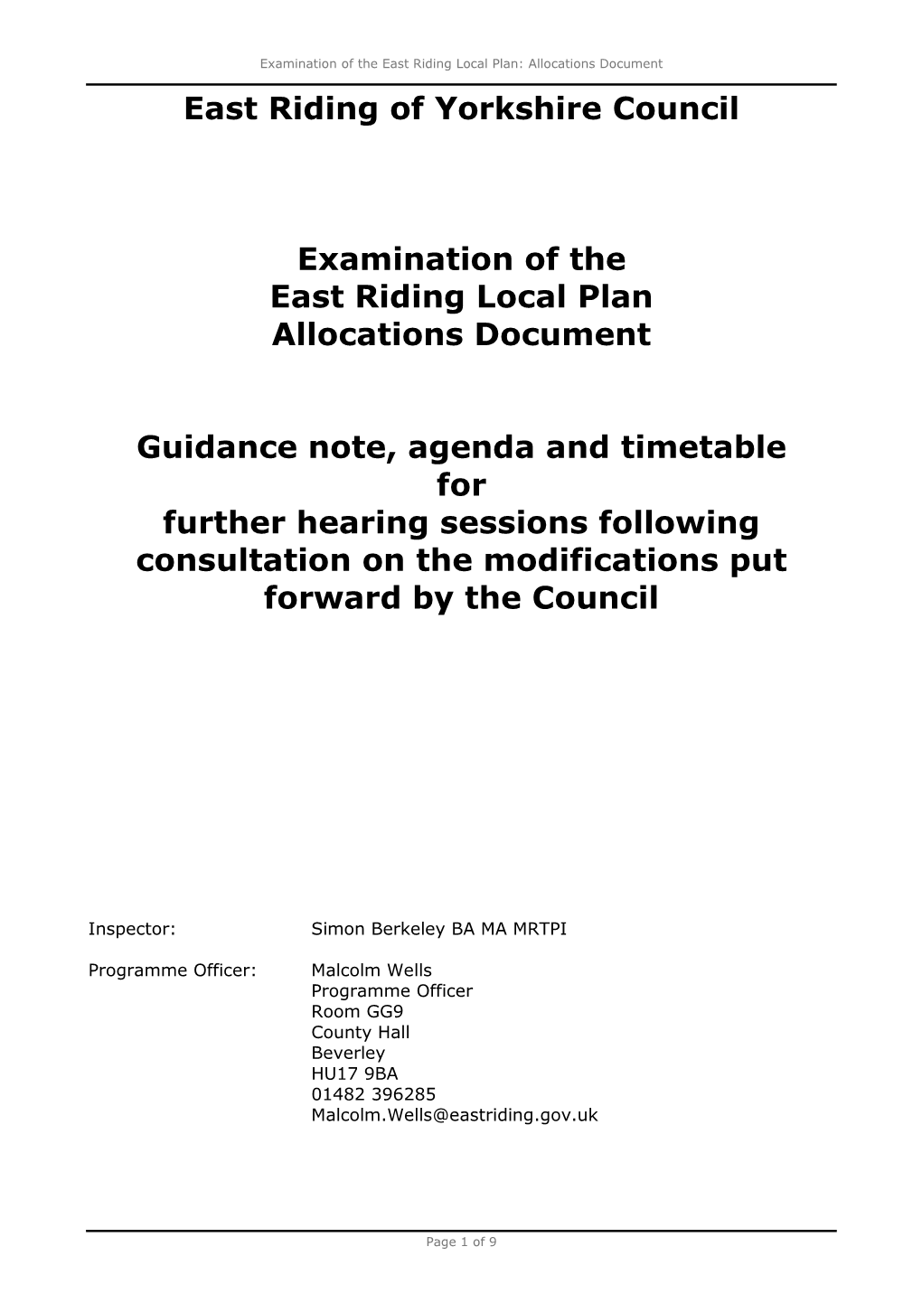 East Riding of Yorkshire Council Examination of the East Riding