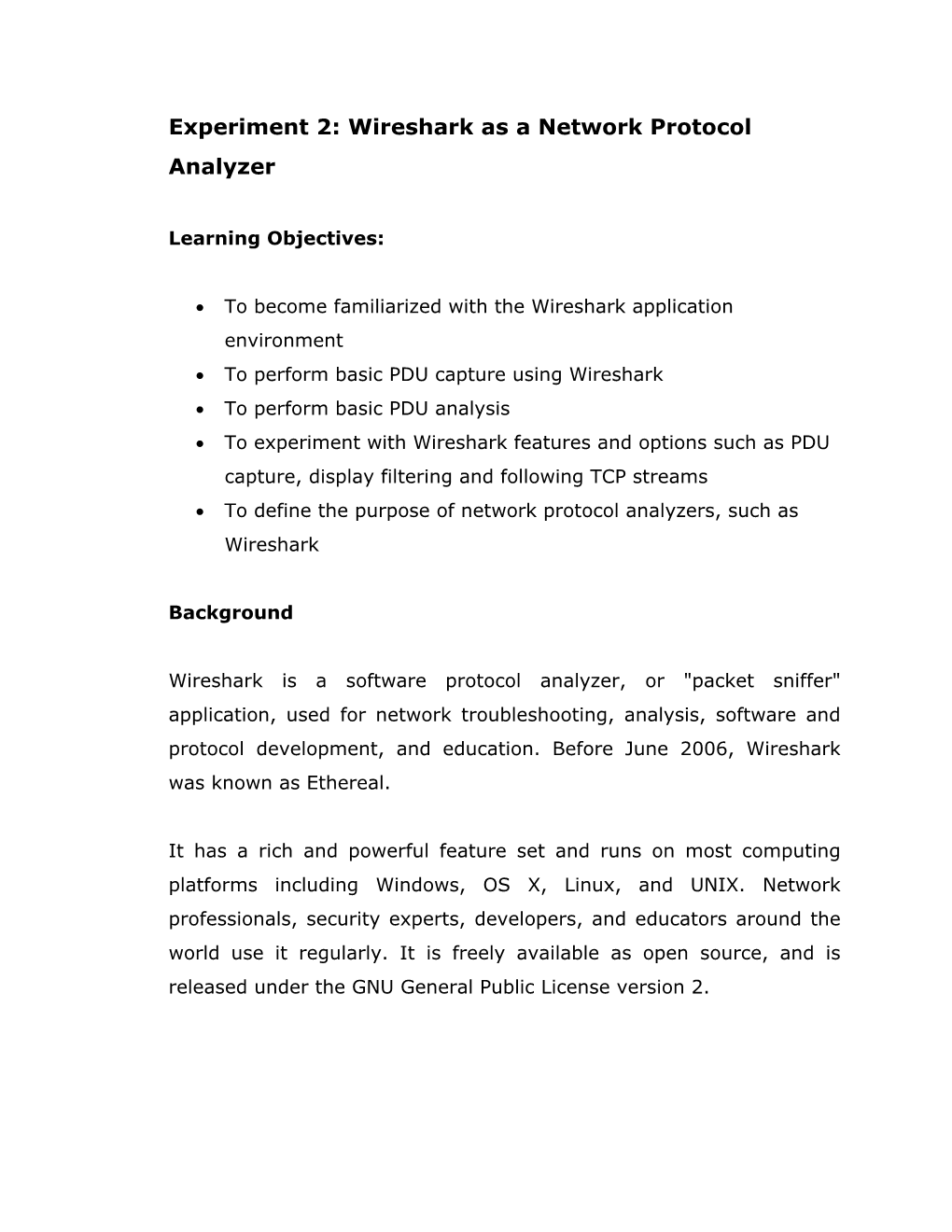 Experiment 2: Wireshark As a Network Protocol Analyzer