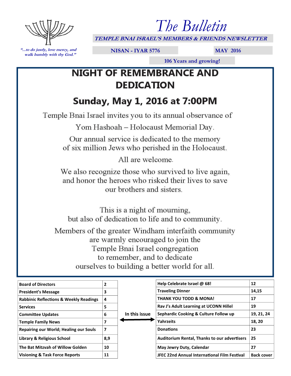 The Bulletin TEMPLE BNAI ISRAEL’S MEMBERS & FRIENDS NEWSLETTER