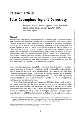 Research Articles Solar Geoengineering and Democracy • Joshua B