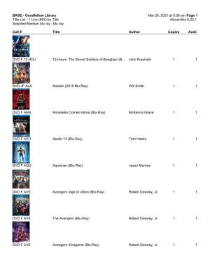 BASE - Goodfellow Library Mar 26, 2021 at 9:38 Am 1 Page Title List - 1 Line (893) by Title Alexandria 6.23.1 Selected:Medium Blu Ray - Blu Ray