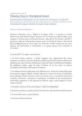 Francesco Fiorentino Professore Ordinario Di Letteratura Francese (L-LIN/03) Dipartimento Di Lettere Lingue Arti