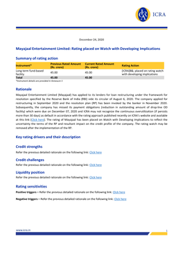 Mayajaal Entertainment Limited: Rating Placed on Watch with Developing Implications