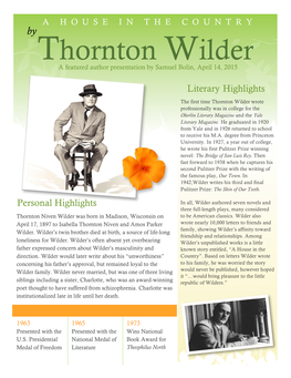 Thornton Wilder a Featured Author Presentation by Samuel Bolin, April 14, 2015