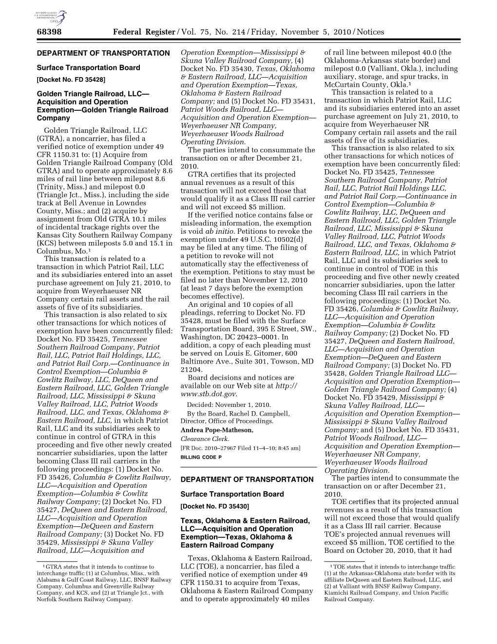 Federal Register/Vol. 75, No. 214/Friday, November 5, 2010