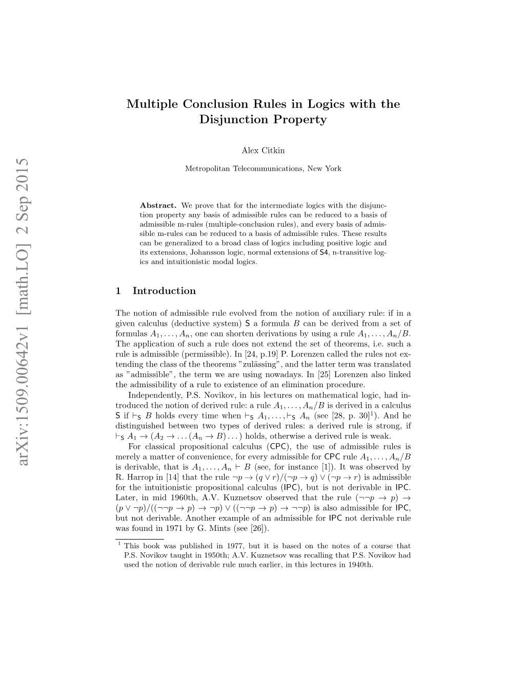 Multiple Conclusion Rules in Logics with the Disjunction Property