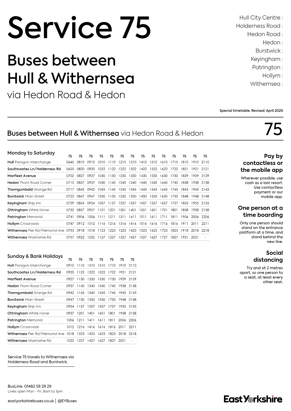 Service 75 Hedon : Burstwick : Keyingham : Buses Between Patrington : Hollym : Hull & Withernsea Withernsea : Via Hedon Road & Hedon