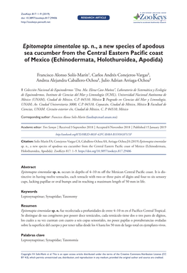 Epitomapta Simentalae Sp. N., a New Species of Apodous Sea Cucumber from the Central Eastern Pacific Coast of Mexico (Echinodermata, Holothuroidea, Apodida)