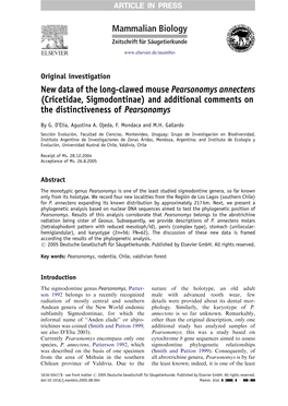 Cricetidae, Sigmodontinae) and Additional Comments on the Distinctiveness of Pearsonomys