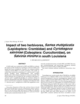 Impact of Two Herbivores, Samea Multiplicalis (Lepidoptera: Crambidae) and Cyrtobagous Salviniae (Coleoptera: Curculionidae), on Salvinia Minima in South Louisiana