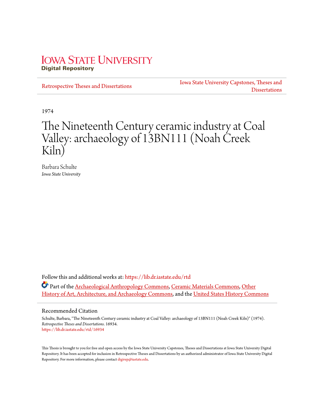The Nineteenth Century Ceramic Industry at Coal Valley: Archaeology of 13BN111 (Noah Creek Kiln)