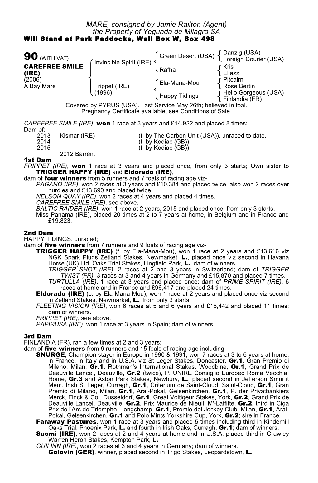 MARE, Consigned by Jamie Railton (Agent) the Property of Yeguada De Milagro SA Will Stand at Park Paddocks, Wall Box W, Box 498