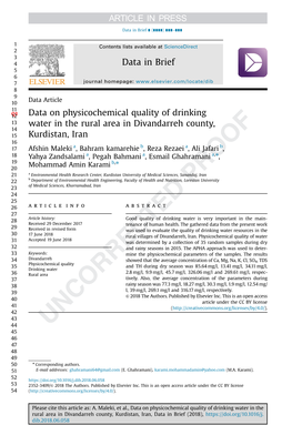 Data on Physicochemical Quality of Drinking Water in the Rural Area in Divandarreh County, Kurdistan, Iran, Data in Brief (2018)