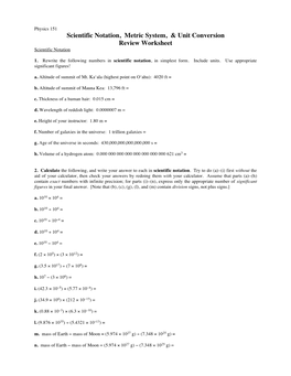 Scientific Notation, Metric System, & Unit Conversion Review Worksheet