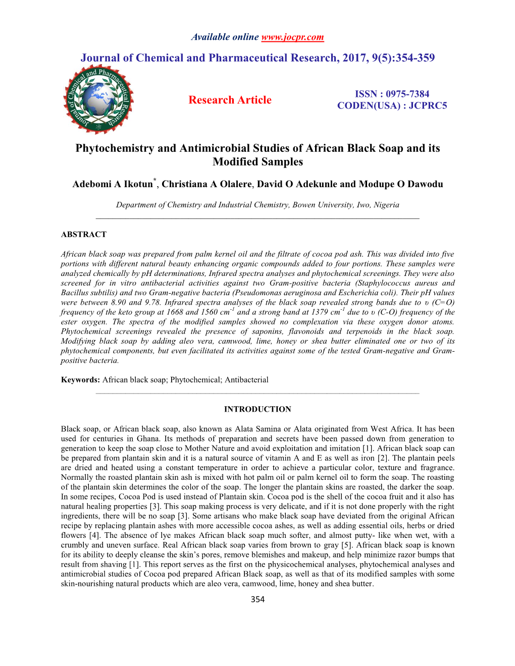 Phytochemistry and Antimicrobial Studies of African Black Soap and Its Modified Samples