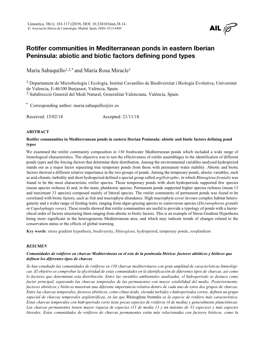 Rotifer Communities in Mediterranean Ponds in Eastern Iberian Peninsula: Abiotic and Biotic Factors Defining Pond Types
