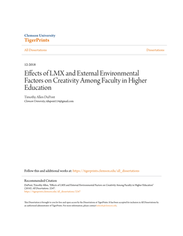 Effects of LMX and External Environmental Factors on Creativity Among Faculty in Higher Education Timothy Allen Dupont Clemson University, Tdupont114@Gmail.Com