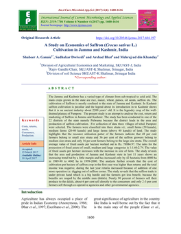 A Study on Economics of Saffron (Crocus Sativus L.) Cultivation in Jammu and Kashmir, India