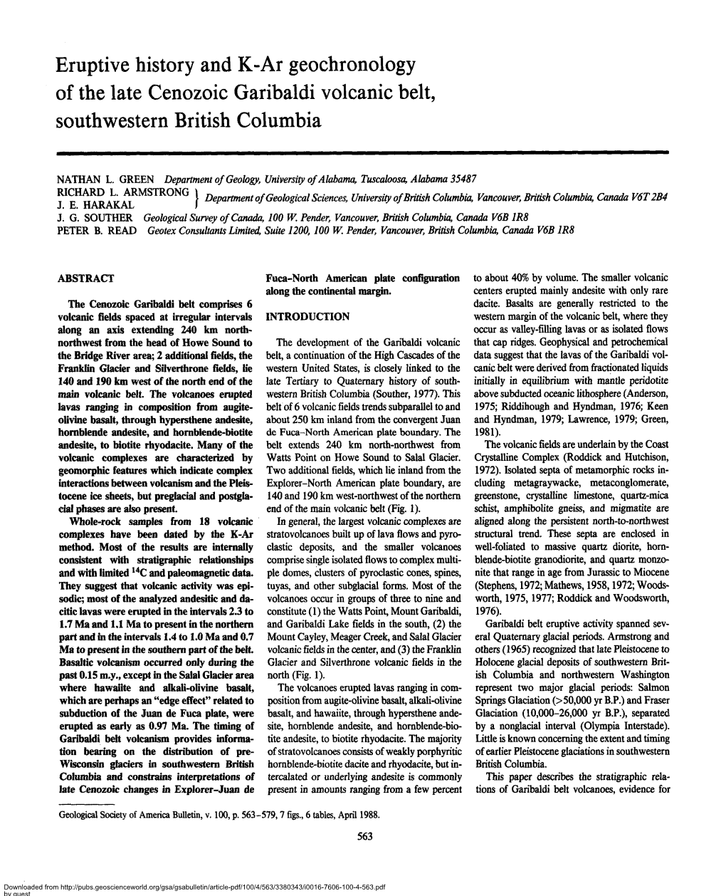 Eruptive History and K-Ar Geochronology of the Late Cenozoic Garibaldi Volcanic Belt, Southwestern British Columbia