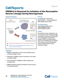 PRDM12 Is Required for Initiation of the Nociceptive Neuron Lineage During Neurogenesis