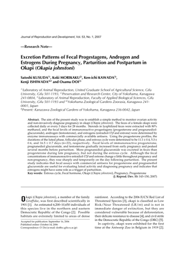 Excretion Patterns of Fecal Progestagens, Androgen and Estrogens During Pregnancy, Parturition and Postpartum in Okapi (Okapia Johnstoni)