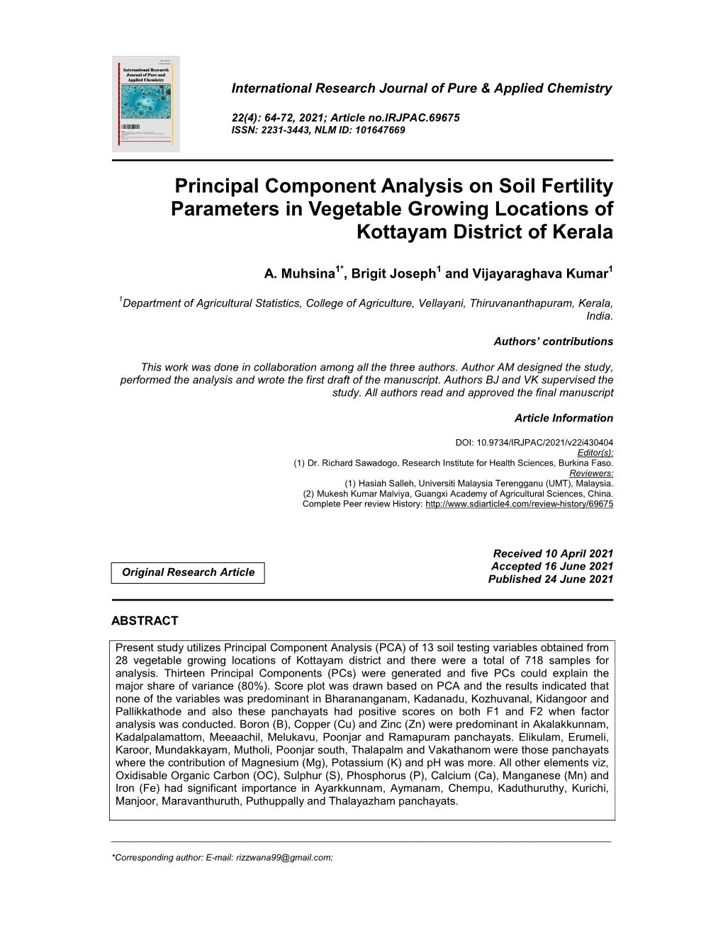 Principal Component Analysis on Soil Fertility Parameters in Vegetable Growing Locations of Kottayam District of Kerala