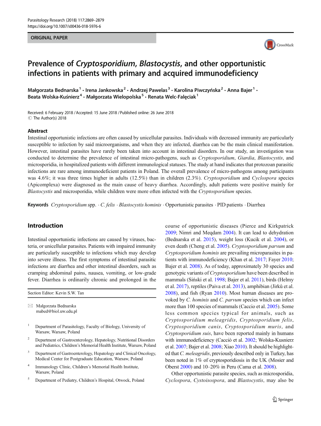 Prevalence of Cryptosporidium, Blastocystis, and Other Opportunistic Infections in Patients with Primary and Acquired Immunodeficiency