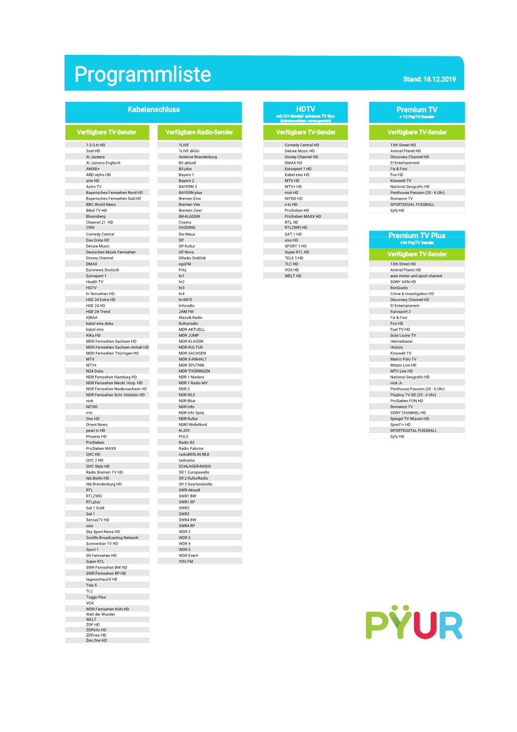 PYUR TV-Senderliste Vom 18.12.2019