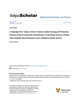 Claims Under the Equal Protection Clause of the Fourteenth Amendment: Protecting Victims of Non- Class Based Discrimination from Vindictive State Action