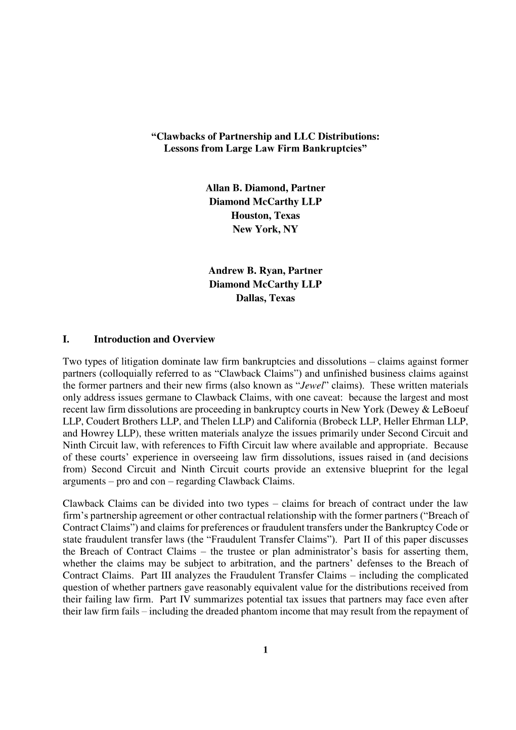 “Clawbacks of Partnership and LLC Distributions: Lessons from Large Law Firm Bankruptcies”