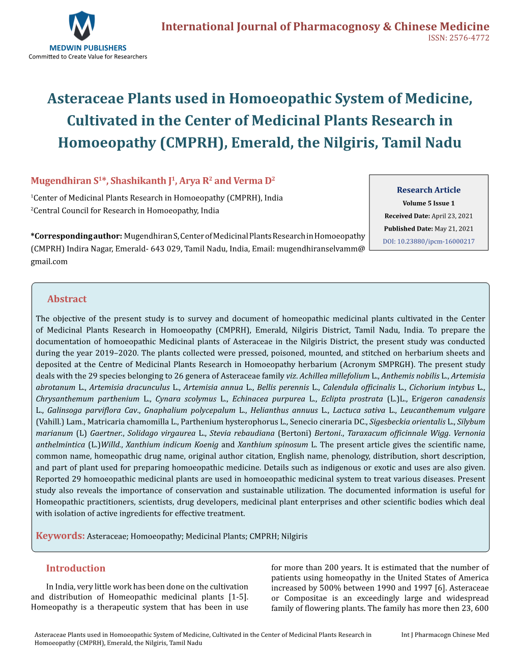 Asteraceae Plants Used in Homoeopathic