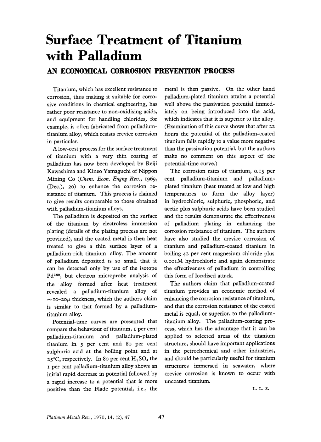 Surface Treatment of Titanium with Palladium an ECONOMICAL CORROSION PREVENTION PROCESS