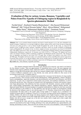 Evaluation of Zinc in Various Arums, Bananas, Vegetables and Pulses from Five Upazila of Chittagong Region in Bangladesh by Spectro-Photometric Method