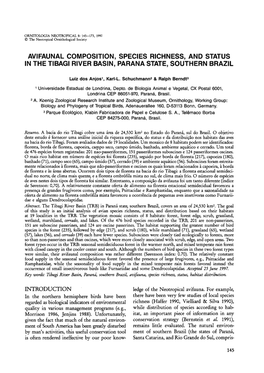 Avifaunal Composition, Species Richness, and Status in the Tibagi River Basin, Parana State, Southern Brazil