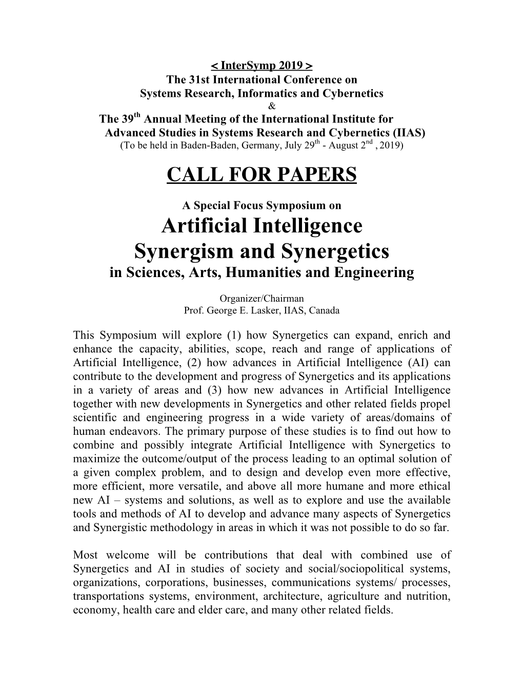 CFP-Artificial Intelligencei, Synergism & Synergetics-2019