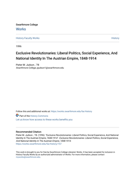 Liberal Politics, Social Experience, and National Identity in the Austrian Empire, 1848-1914