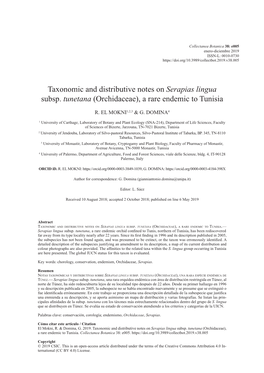 Taxonomic and Distributive Notes on Serapias Lingua Subsp. Tunetana (Orchidaceae), a Rare Endemic to Tunisia