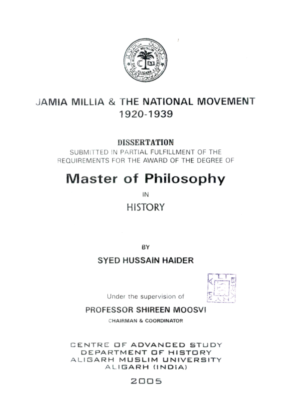 Master of Philosophy in HISTORY