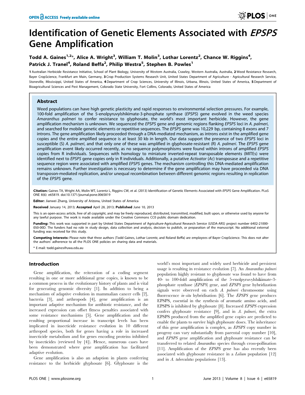 Identification of Genetic Elements Associated with EPSPS Gene Amplification