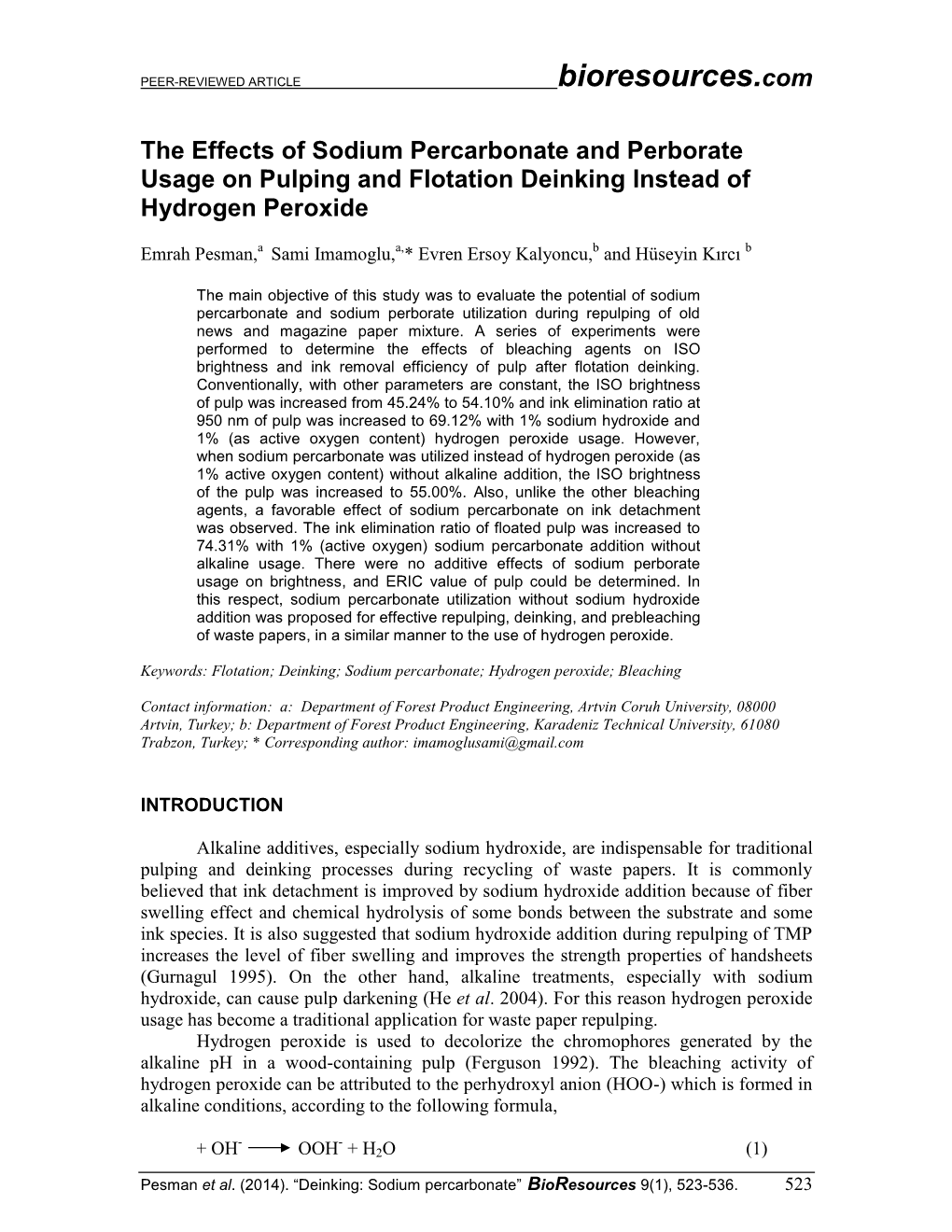 The Effects of Sodium Percarbonate and Perborate Usage on Pulping and Flotation Deinking Instead of Hydrogen Peroxide