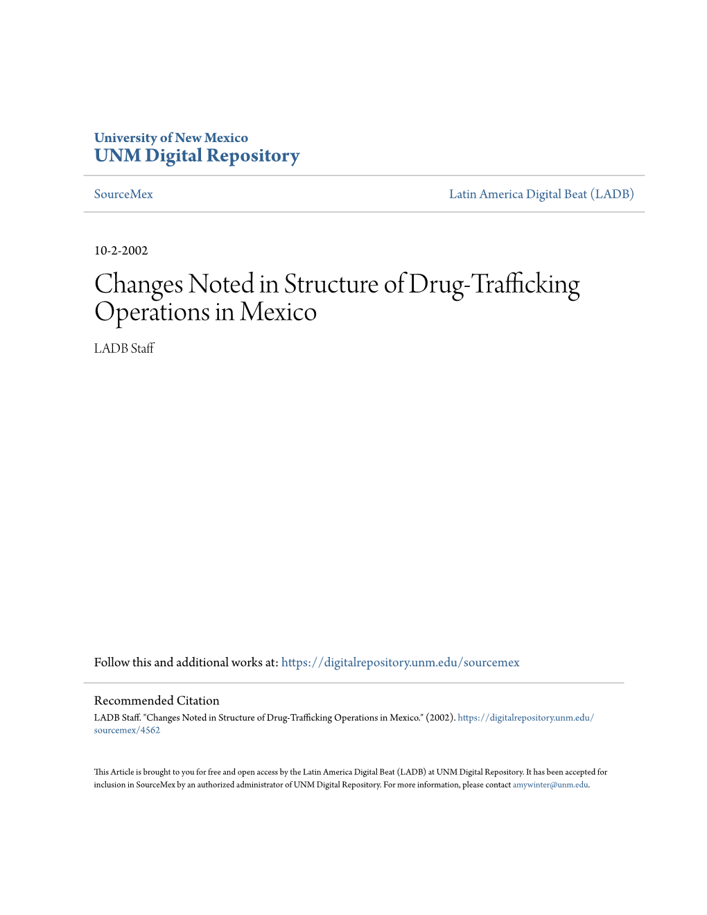 Changes Noted in Structure of Drug-Trafficking Operations in Mexico LADB Staff