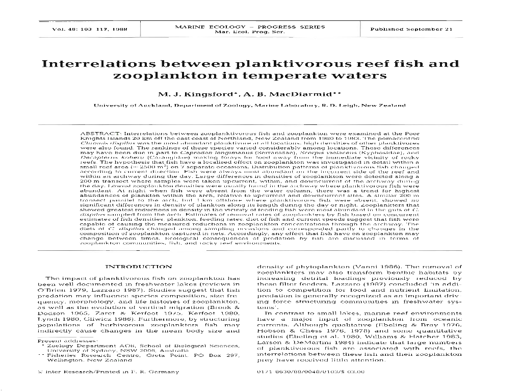 Interrelations Between Planktivorous Reef Fish and Zooplankton in Temperate Waters