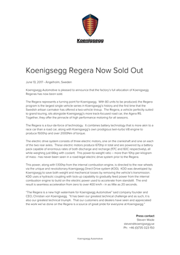Koenigsegg Regera Now Sold Out