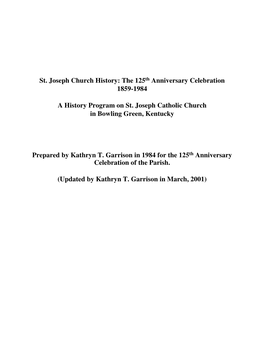 St. Joseph Church History: the 125Th Anniversary Celebration 1859-1984