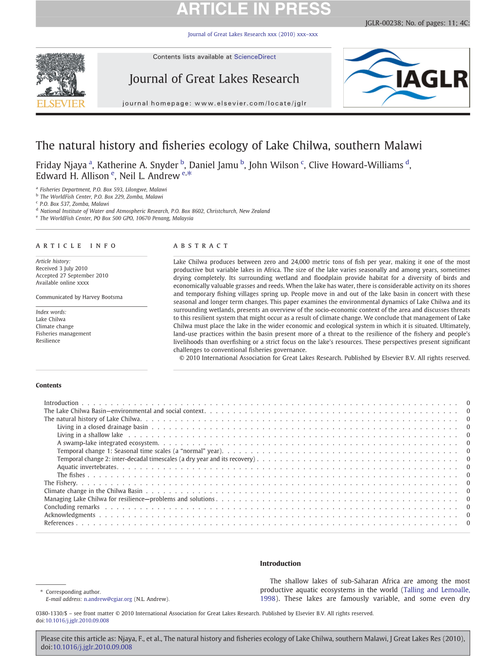 The Natural History and Fisheries Ecology of Lake Chilwa, Southern