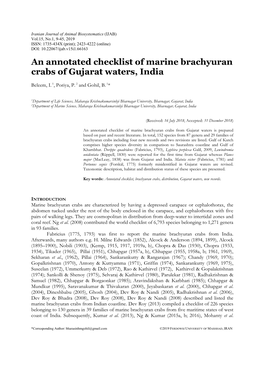 An Annotated Checklist of Marine Brachyuran Crabs of Gujarat Waters, India